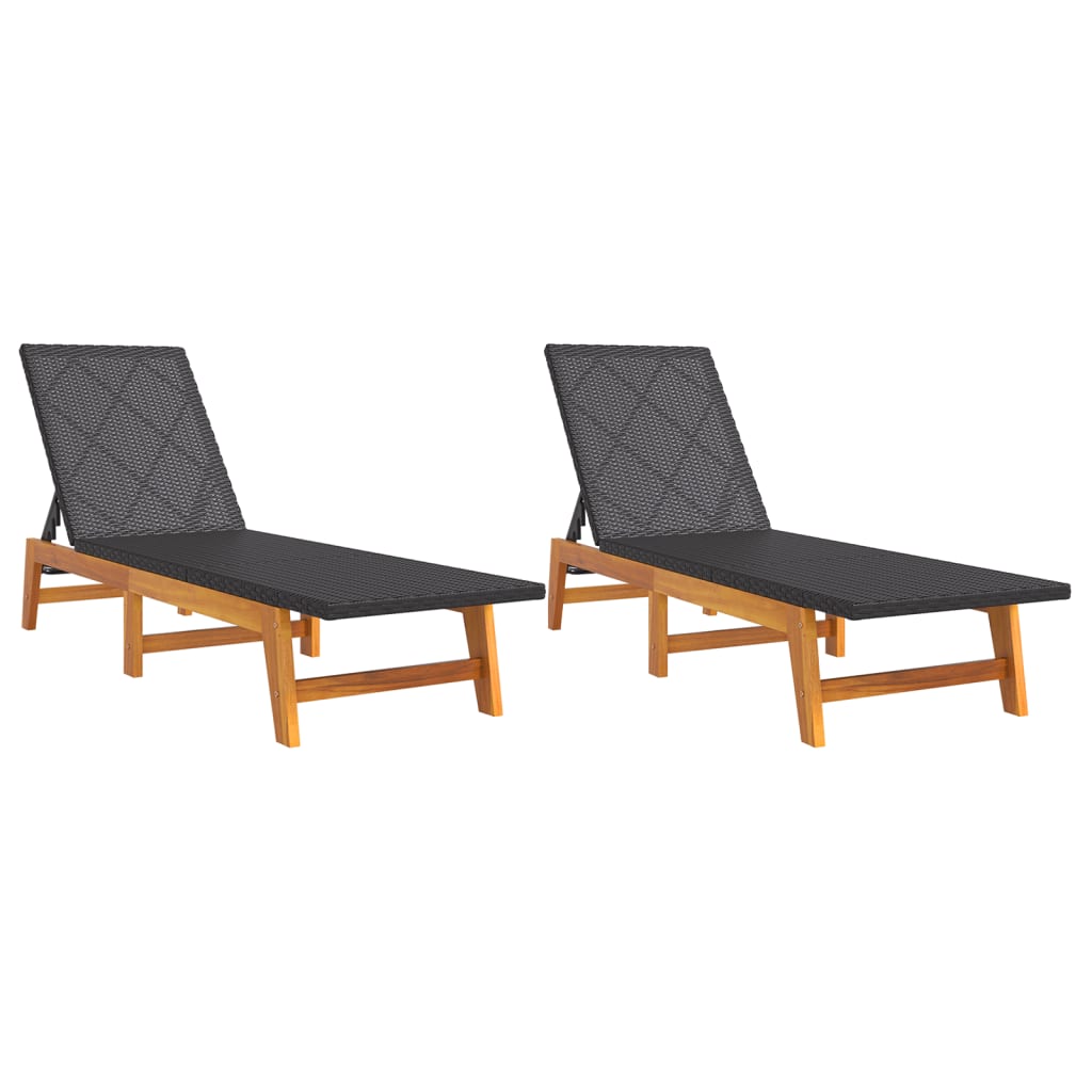 Sun Loungers 2 pcs Black and Brown Poly Rattan&Solid Wood Acacia - Sunloungers