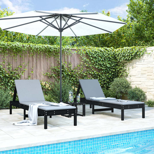 Sun Loungers 2 pcs with Table Black Solid Wood Pine - Sunloungers