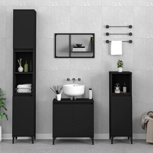 3 Piece Bathroom Furniture Set Black Engineered Wood - Bathroom Furniture Sets