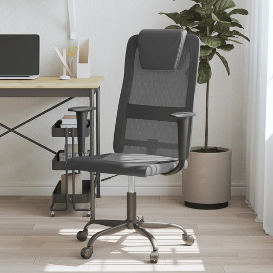 Office Chair Grey and Black Mesh Fabric and Faux Leather - Office & Desk Chairs