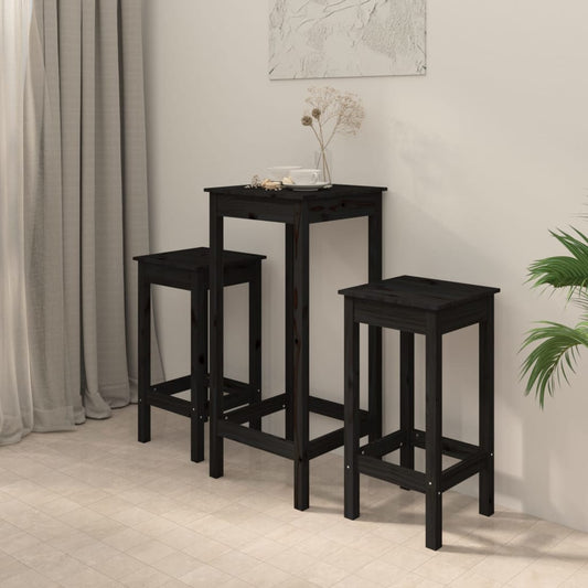 3 Piece Bar Set Black Solid Wood Pine - Kitchen & Dining Furniture Sets