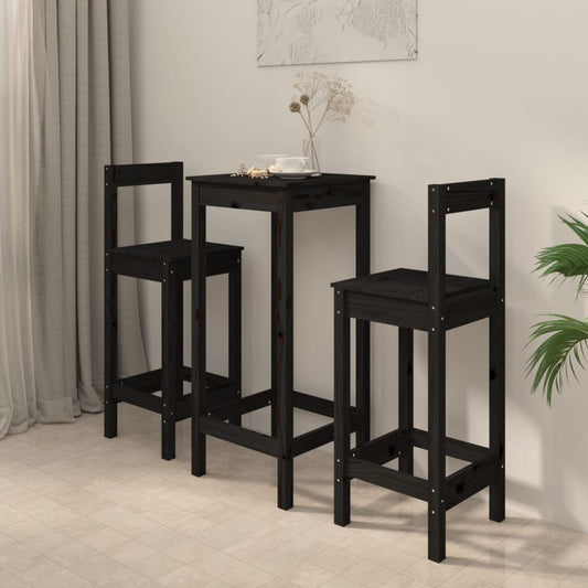 3 Piece Bar Set Black Solid Wood Pine - Kitchen & Dining Furniture Sets