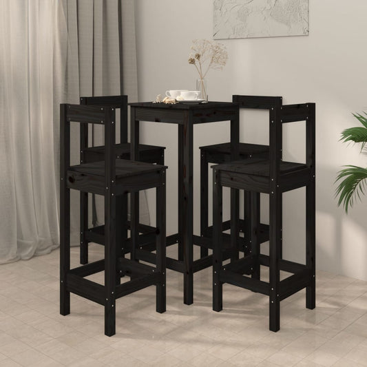 5 Piece Bar Set Black Solid Wood Pine - Kitchen & Dining Furniture Sets