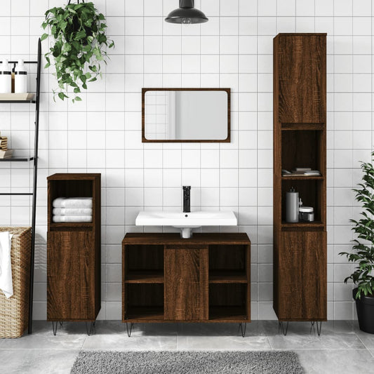 3 Piece Bathroom Furniture Set Brown Oak Engineered Wood - Bathroom Furniture Sets