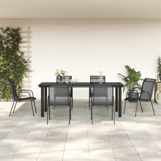 7 Piece Garden Dining Set Black Steel and Textilene - Outdoor Furniture Sets