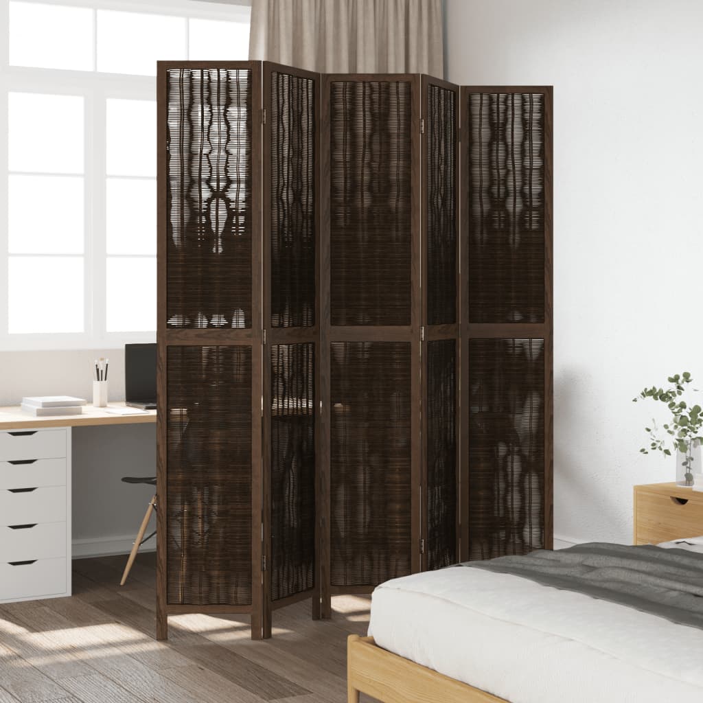 Room Divider 5 Panels Dark Brown Solid Wood Paulownia - Room Dividers