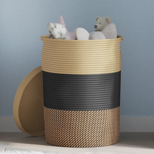 Storage Basket with Lid Black and Beige Ø37x50 cm Cotton - Baskets