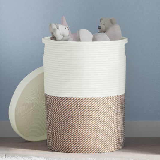 Storage Basket with Lid Brown and White Ø37x50 cm Cotton - Baskets