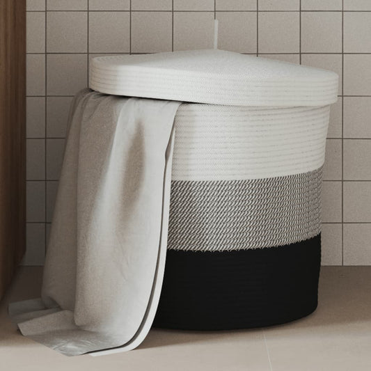Storage Basket with Lid White and Black Ø40x35 cm Cotton - Baskets