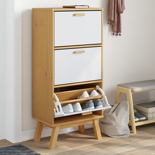 Shoe Cabinet OLDEN White and Brown 55x35x120cm Solid Wood Pine - Shoe Racks & Organisers