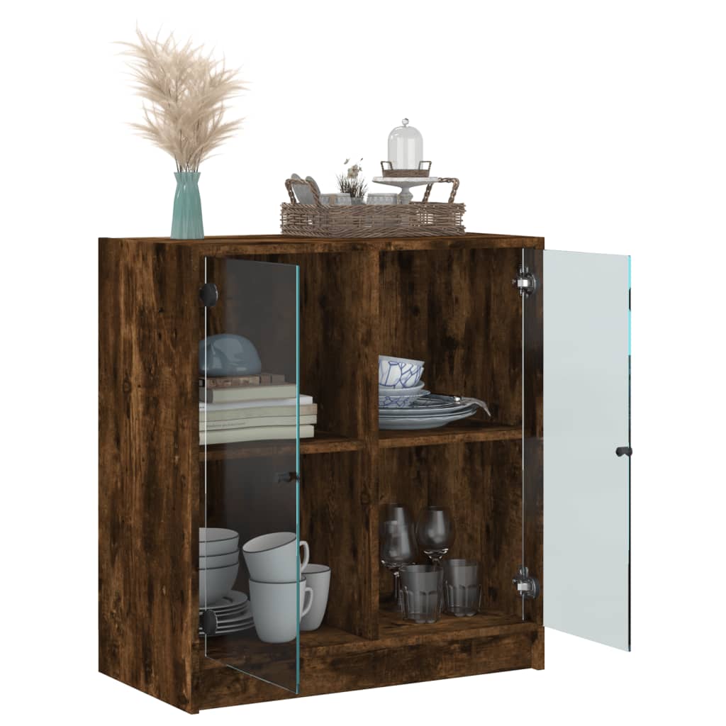 Side Cabinet with Glass Doors Smoked Oak 68x37x75.5 cm - Buffets & Sideboards