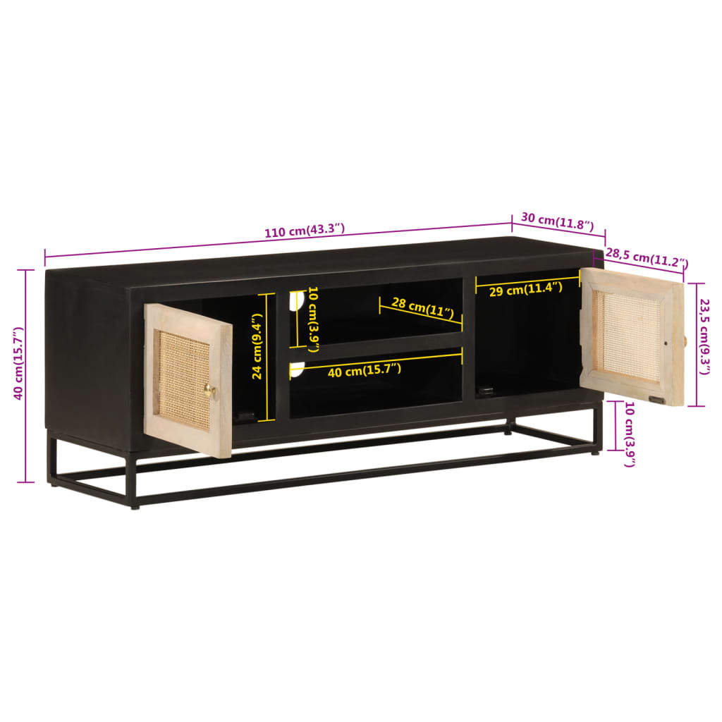 TV Cabinet Black 110x30x40 cm Solid Wood Mango and Iron - Media Storage Cabinets & Racks