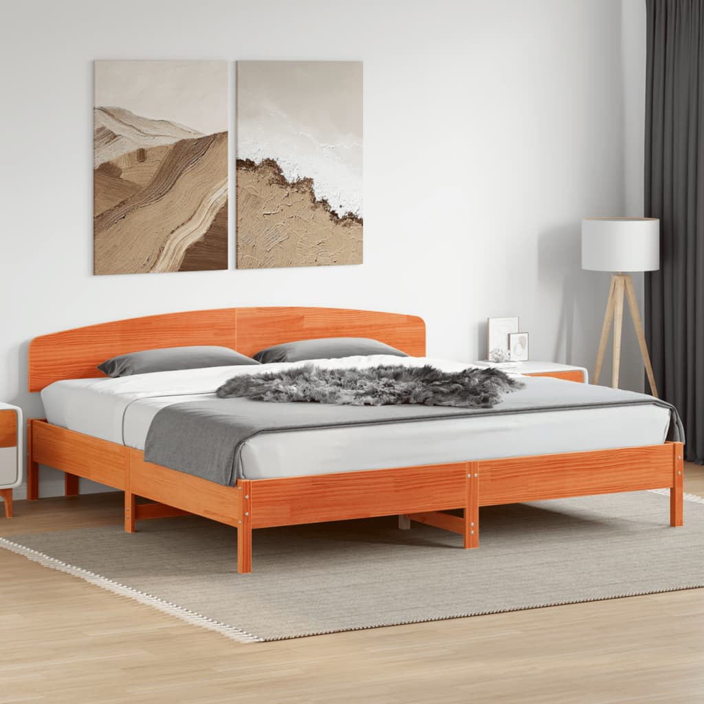 Bed Frame with Headboard Wax Brown 200x200 cm Solid Wood Pine - Beds & Bed Frames