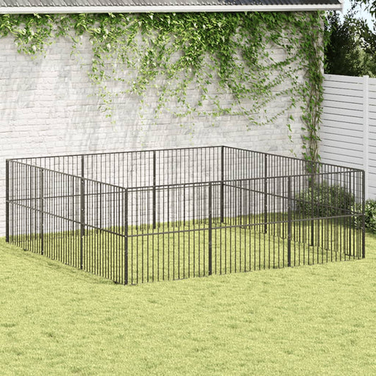 Dog Playpen 12 Panels Black Galvanised Steel - Dog Houses