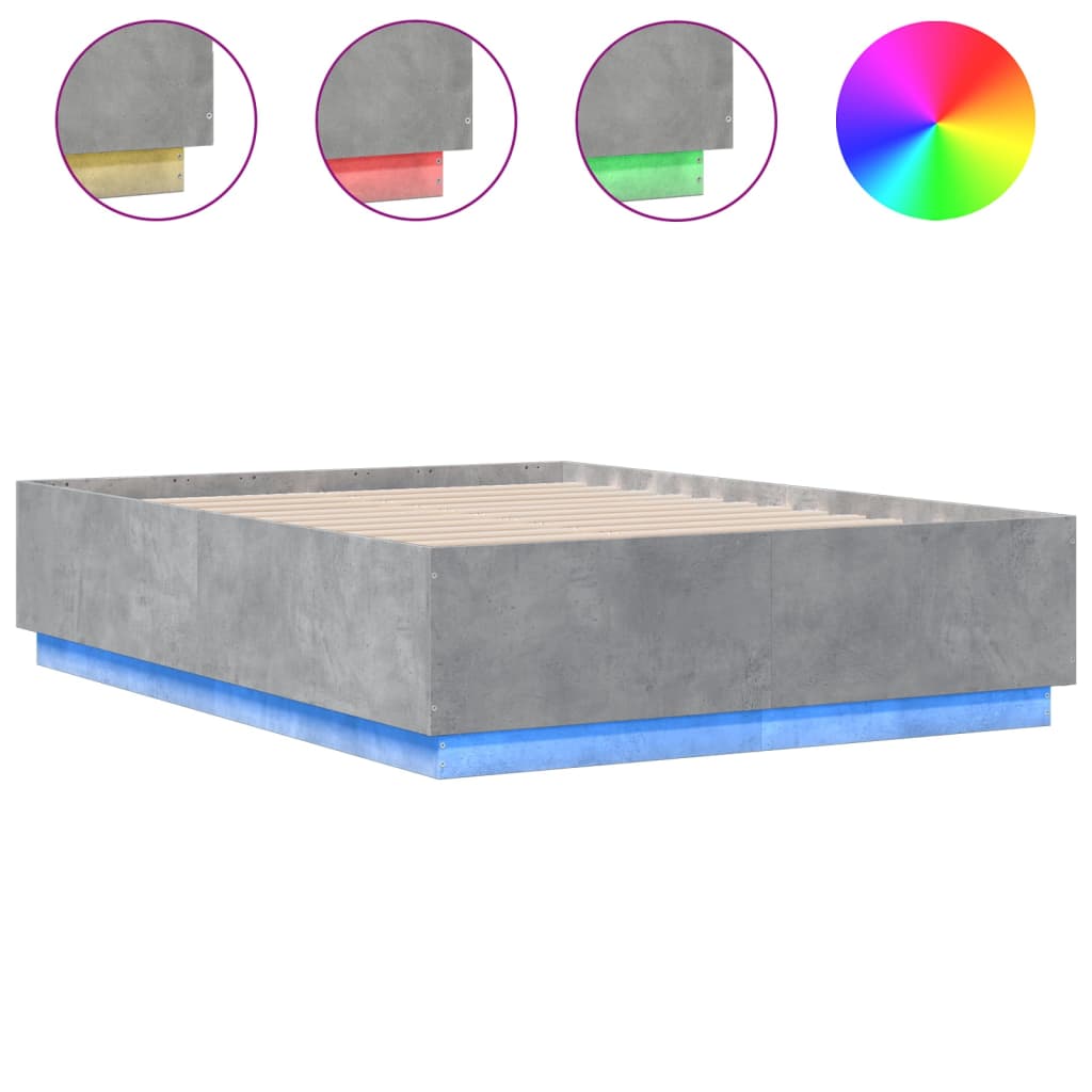 Bed Frame with LED Lights Concrete Grey 135x190 cm Double Engineered Wood - Beds & Bed Frames