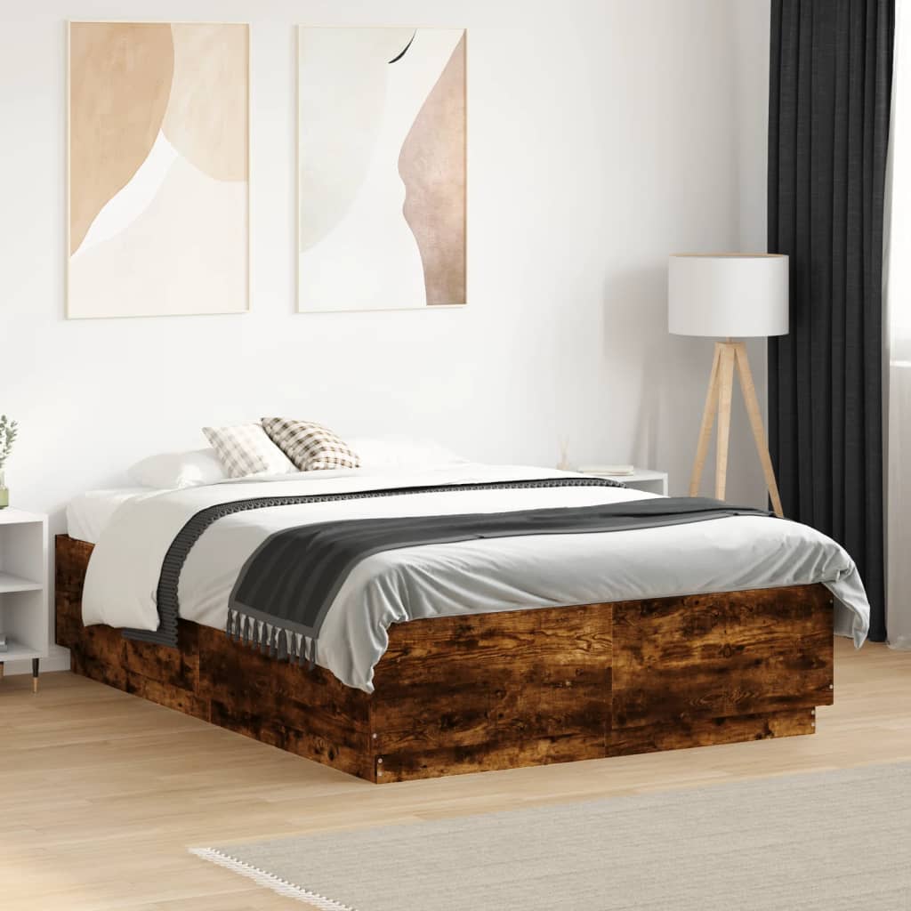 Bed Frame with LED Lights Smoked Oak 135x190 cm Double Engineered Wood - Beds & Bed Frames