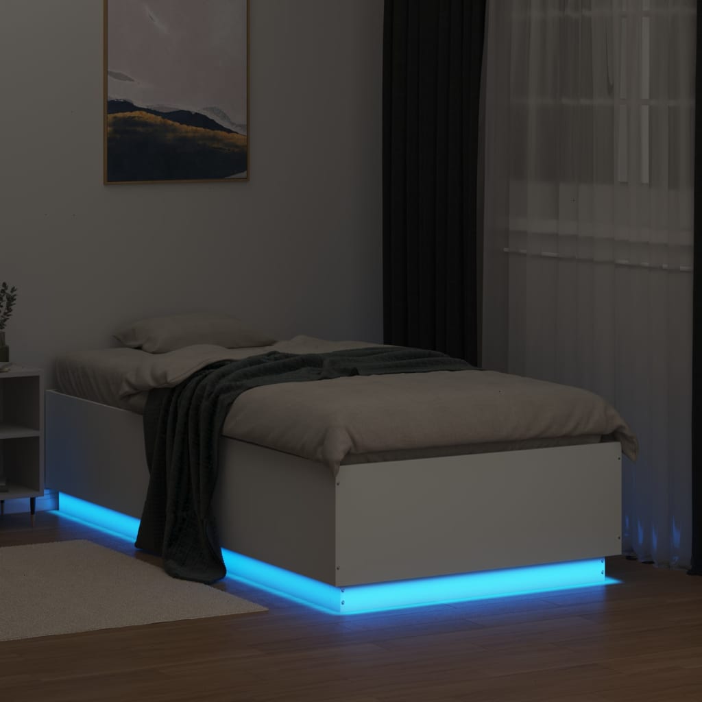 Bed Frame with LED Lights White 75x190 cm Small Single Engineered Wood - Beds & Bed Frames