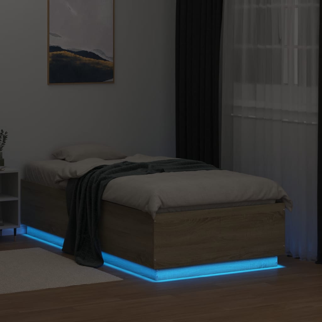 Bed Frame with LED Lights Sonoma Oak 75x190 cm Small Single Engineered Wood - Beds & Bed Frames