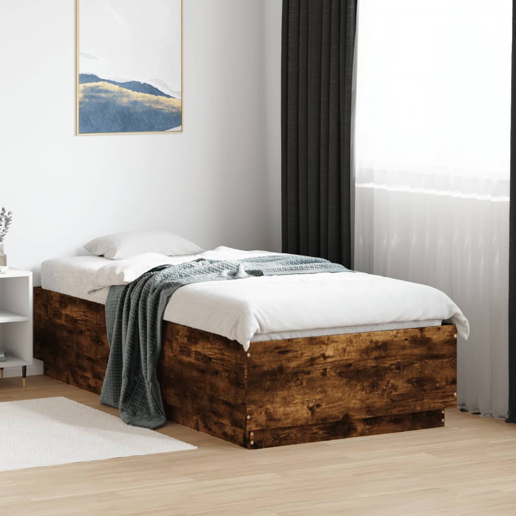 Bed Frame with LED Lights Smoked Oak 75x190 cm Small Single Engineered Wood - Beds & Bed Frames