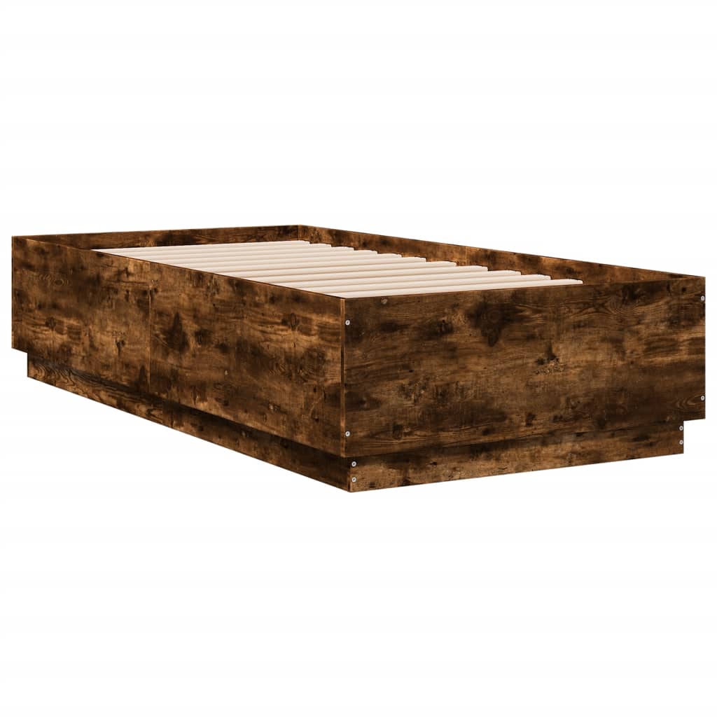 Bed Frame with LED Lights Smoked Oak 75x190 cm Small Single Engineered Wood - Beds & Bed Frames