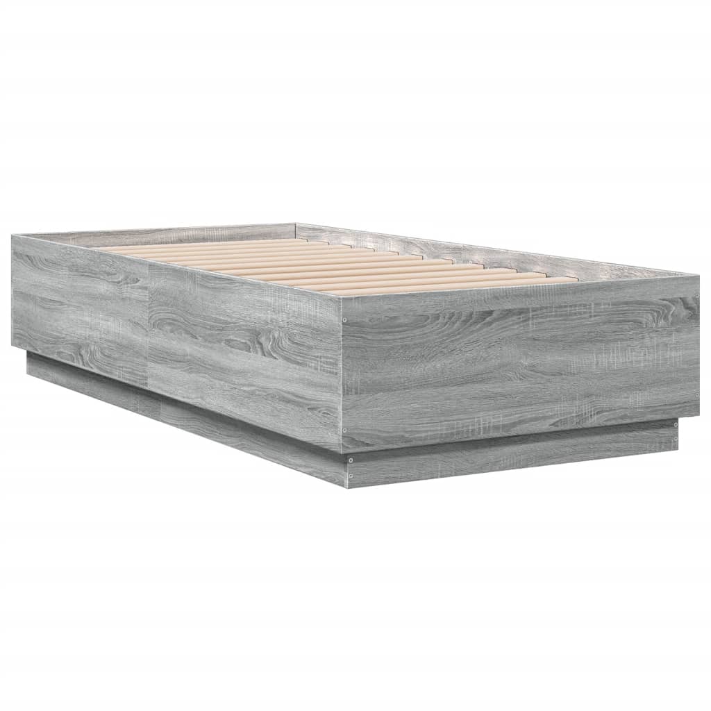 Bed Frame with LED Lights Grey Sonoma 75x190 cm Small Single Engineered Wood - Beds & Bed Frames