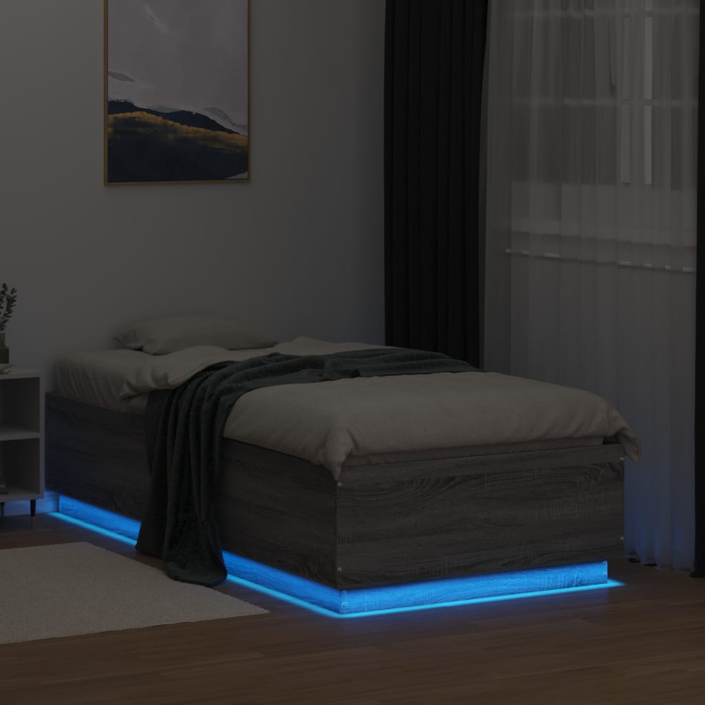 Bed Frame with LED Lights Grey Sonoma 75x190 cm Small Single Engineered Wood - Beds & Bed Frames