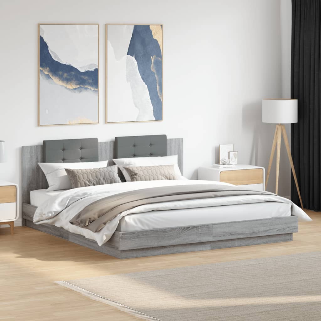 Bed Frame with Headboard Grey Sonoma 180x200 cm Super King Engineered Wood - Beds & Bed Frames