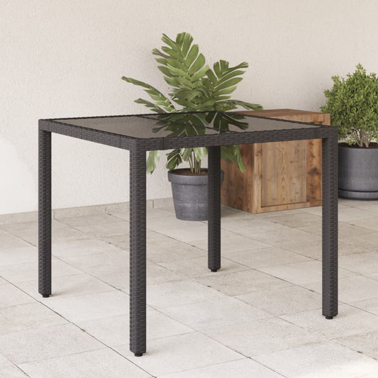 Garden Table with Glass Top Black 90x90x75 cm Poly Rattan - Outdoor Tables