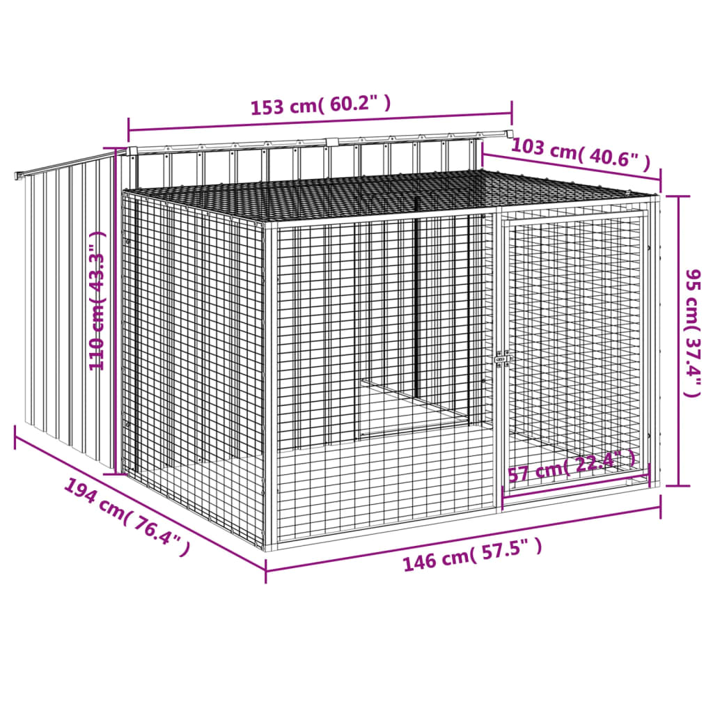 Dog House with Run Anthracite 153x194x110 cm Galvanised Steel - Dog Houses
