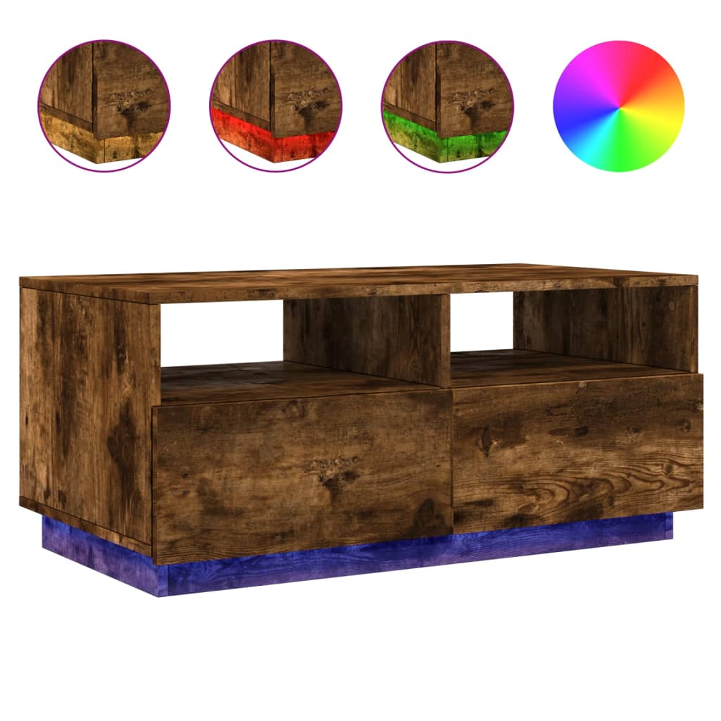 Coffee Table with LED Lights Smoked Oak 90x49x40 cm - Coffee Tables