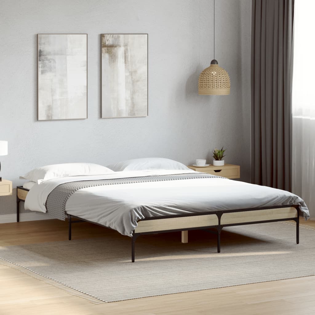 Bed Frame Sonoma Oak 150x200 cm King Size Engineered Wood and Metal - Beds & Bed Frames