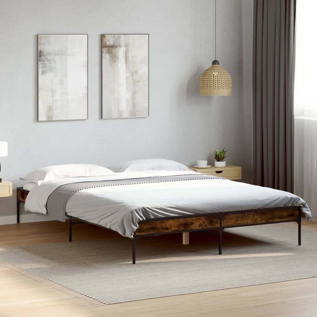 Bed Frame Smoked Oak 140x200 cm Engineered Wood and Metal - Beds & Bed Frames