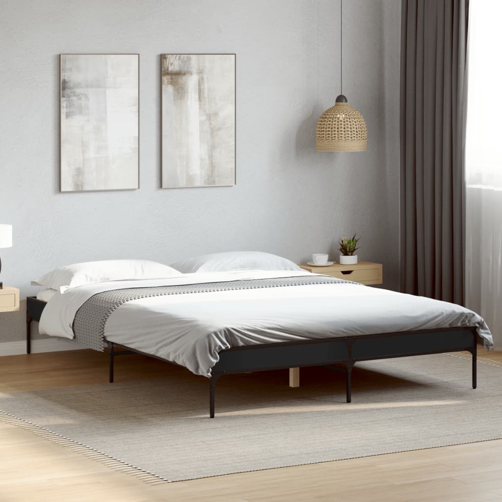 Bed Frame Black 135x190 cm Double Engineered Wood and Metal - Beds & Bed Frames