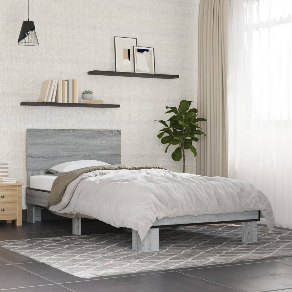 Bed Frame Grey Sonoma 90x190 cm Single Engineered Wood and Metal - Beds & Bed Frames