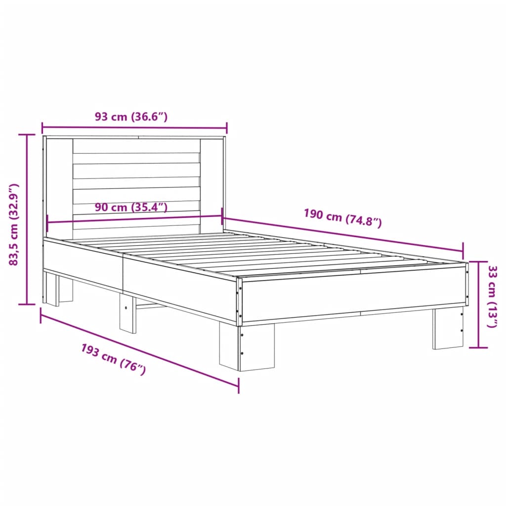 Bed Frame Black 90x190 cm Single Engineered Wood and Metal - Beds & Bed Frames