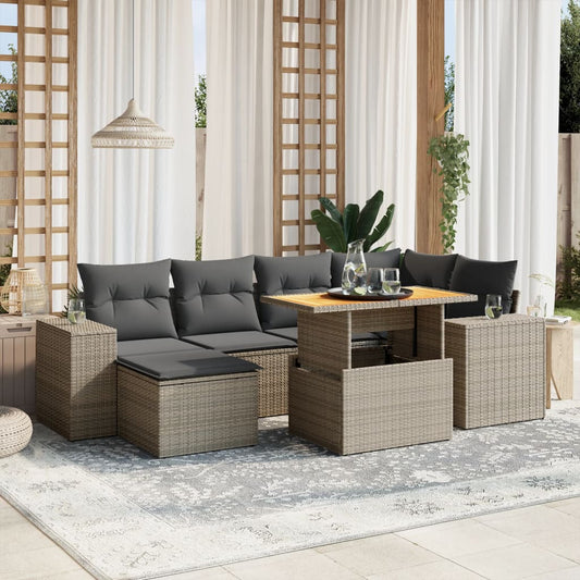 7 Piece Garden Sofa Set with Cushions Grey Poly Rattan - Outdoor Furniture Sets