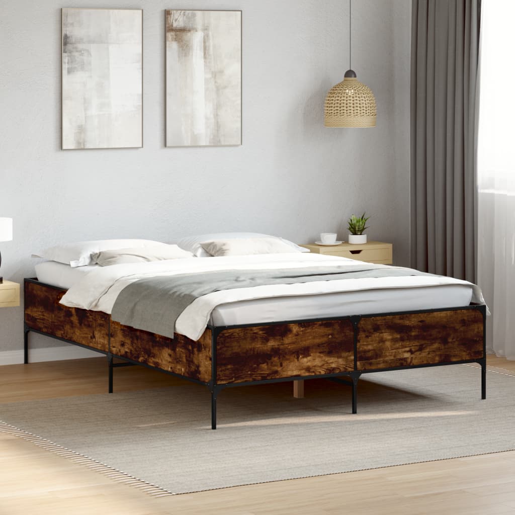 Bed Frame Smoked Oak 135x190 cm Double Engineered Wood and Metal - Beds & Bed Frames
