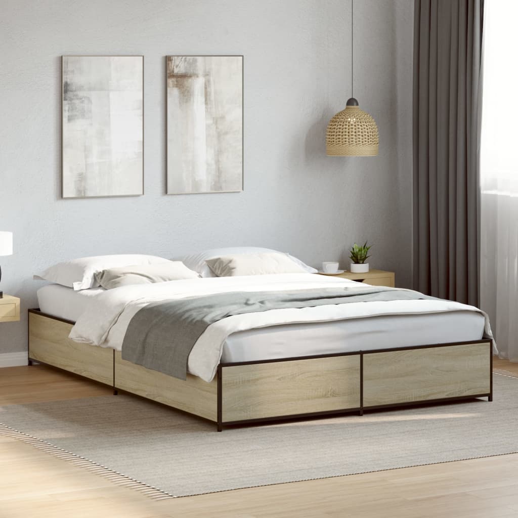 Bed Frame Sonoma Oak 150x200 cm King Size Engineered Wood and Metal - Beds & Bed Frames