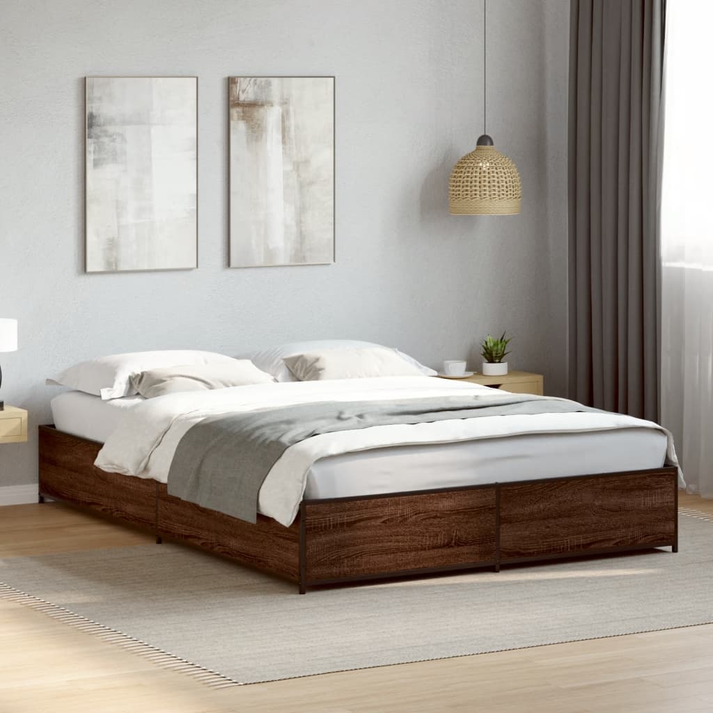 Bed Frame Brown Oak 150x200 cm King Size Engineered Wood and Metal - Beds & Bed Frames