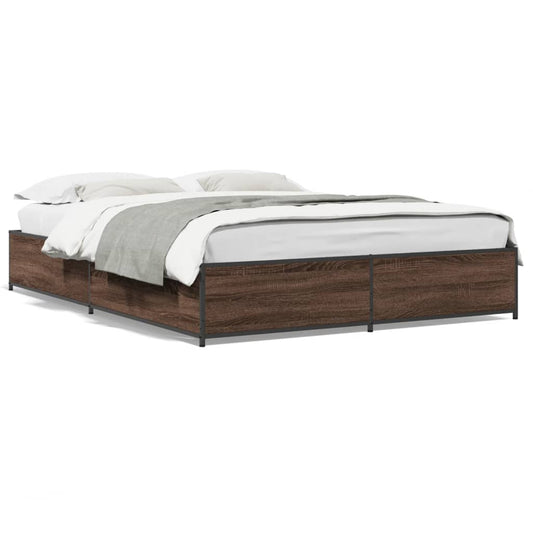 Bed Frame Brown Oak 150x200 cm King Size Engineered Wood and Metal