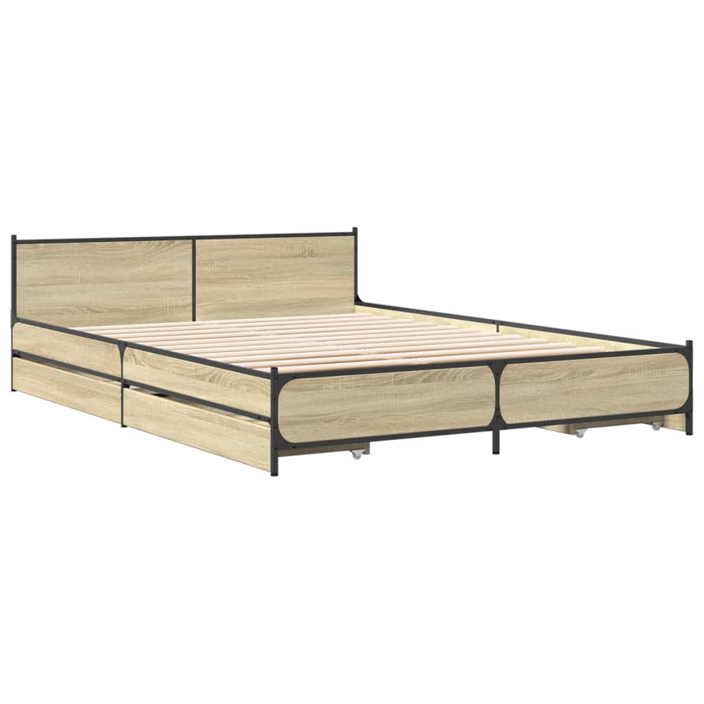 Bed Frame with Drawers Sonoma Oak 150x200 cm King Size Engineered Wood - Beds & Bed Frames