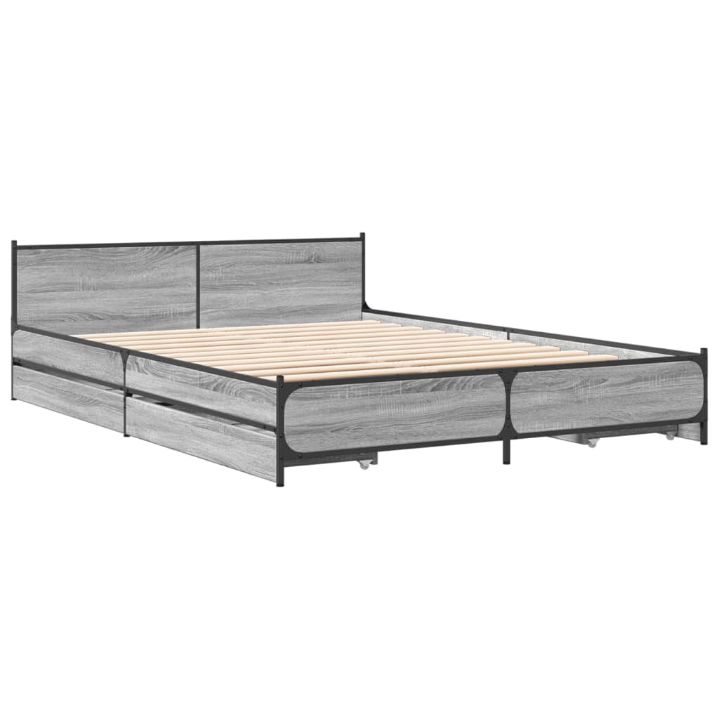 Bed Frame with Drawers Grey Sonoma 150x200 cm King Size Engineered Wood - Beds & Bed Frames