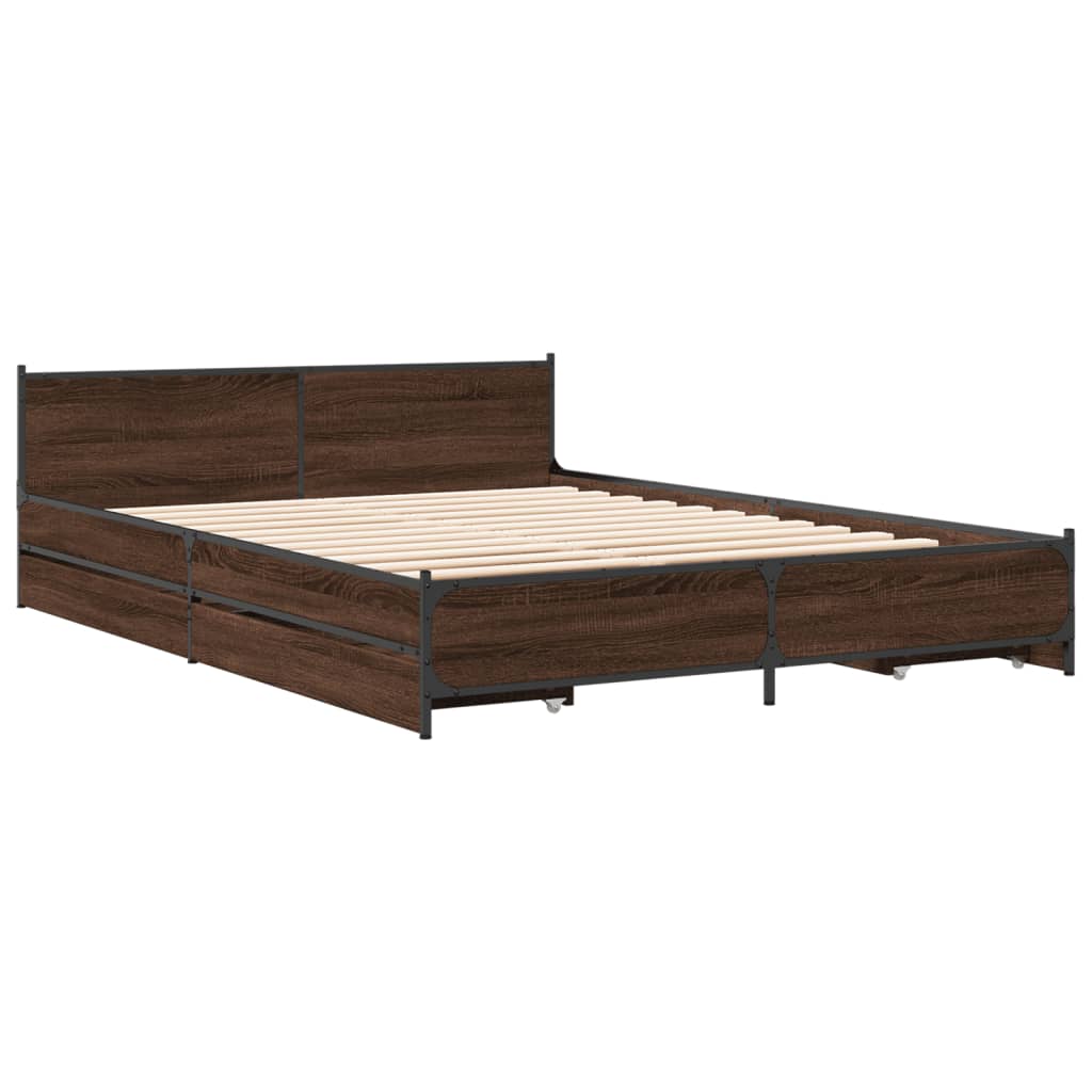 Bed Frame with Drawers Brown Oak 150x200 cm King Size Engineered Wood - Beds & Bed Frames