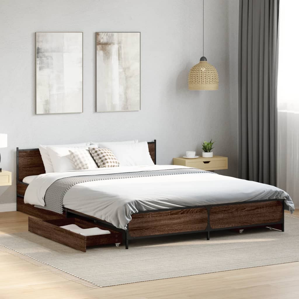 Bed Frame with Drawers Brown Oak 150x200 cm King Size Engineered Wood - Beds & Bed Frames