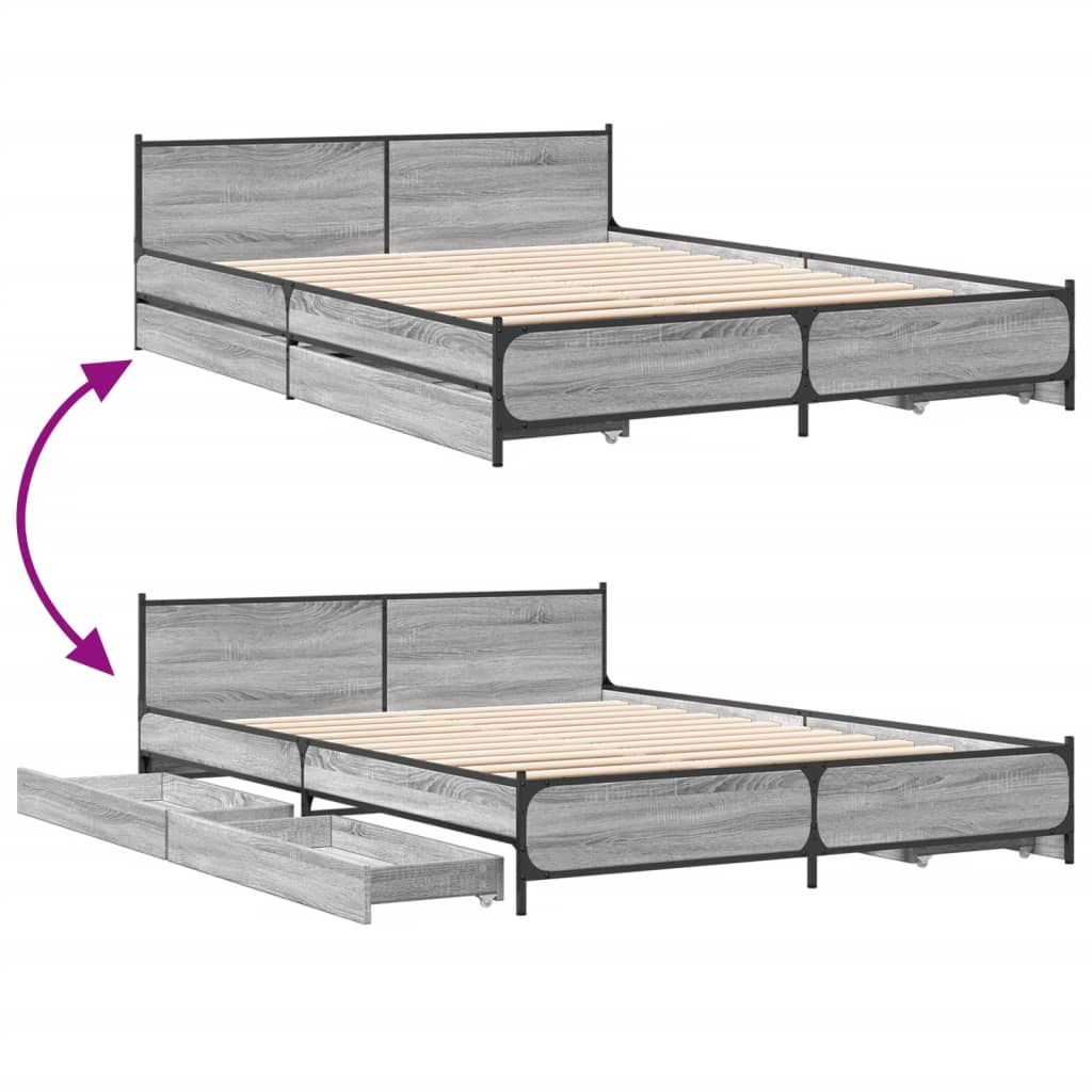 Bed Frame with Drawers Grey Sonoma 140x200 cm Engineered Wood - Beds & Bed Frames
