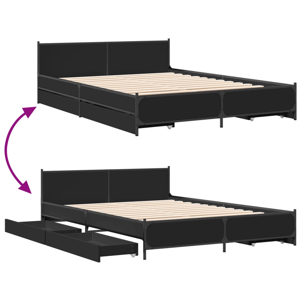 Bed Frame with Drawers Black 120x190 cm Small Double Engineered Wood - Beds & Bed Frames