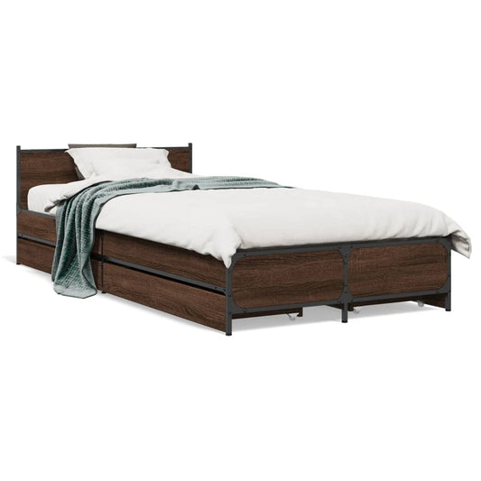 Bed Frame with Drawers Brown Oak 90x200 cm Engineered Wood - Beds & Bed Frames