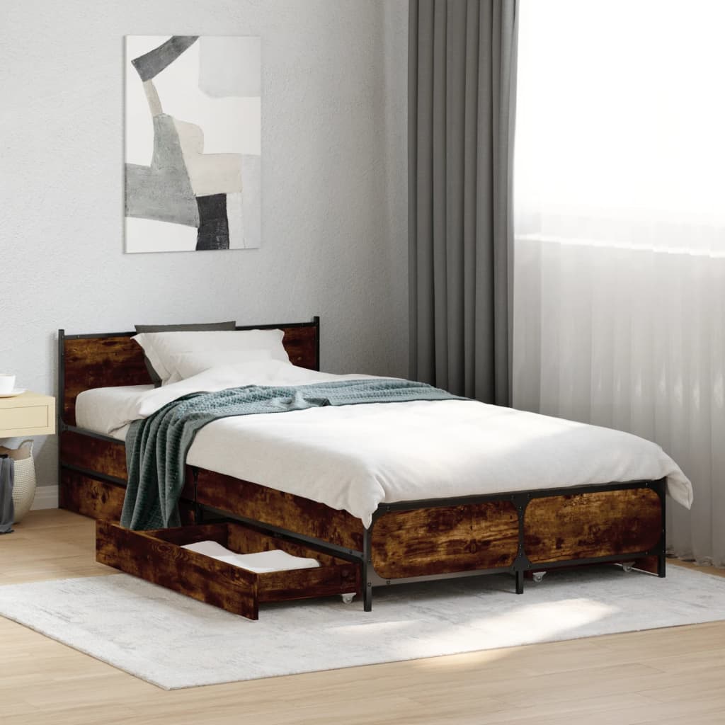 Bed Frame with Drawers Smoked Oak 75x190 cm Small Single Engineered Wood - Beds & Bed Frames