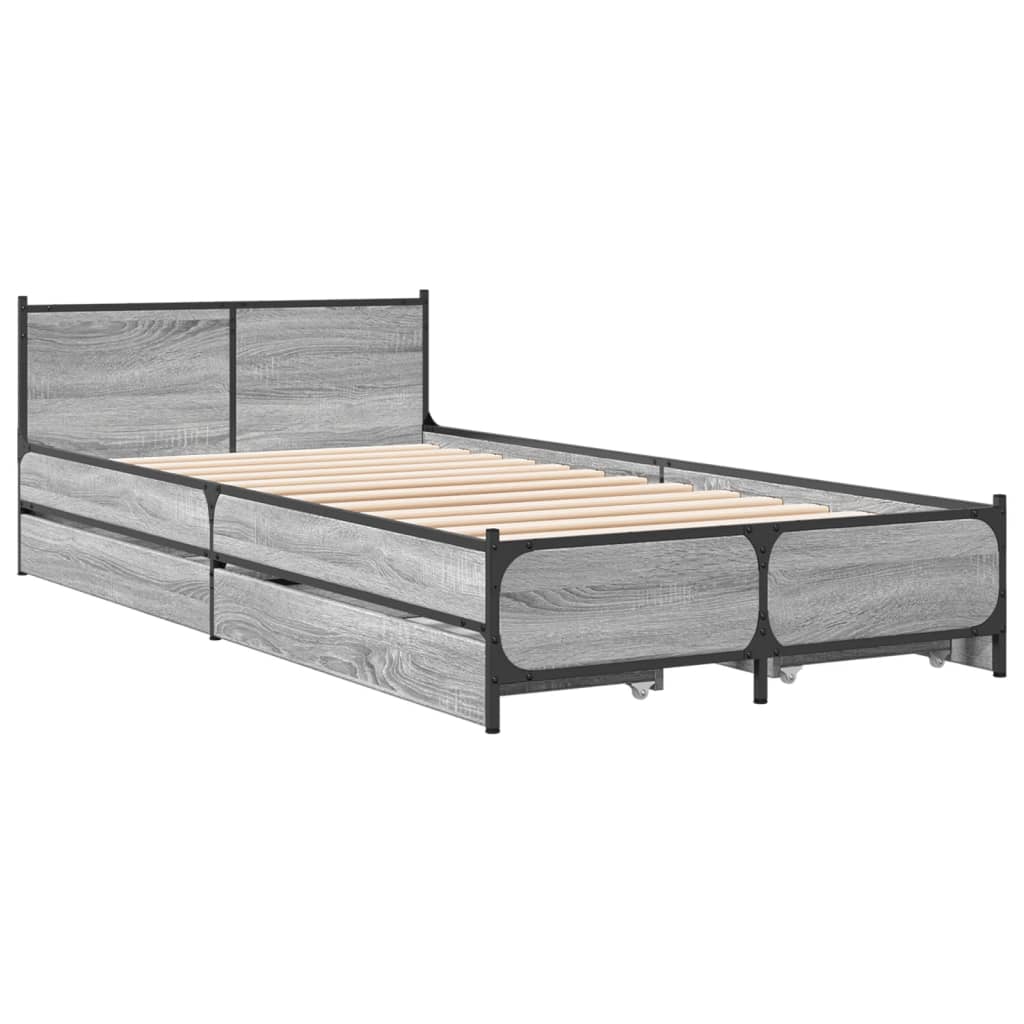 Bed Frame with Drawers Grey Sonoma 75x190 cm Small Single Engineered Wood - Beds & Bed Frames