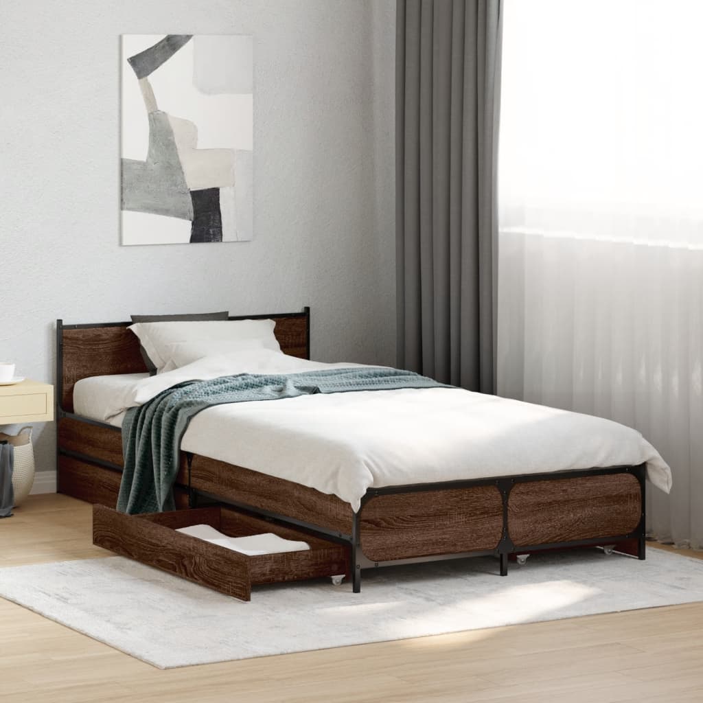 Bed Frame with Drawers Brown Oak 75x190 cm Small Single Engineered Wood - Beds & Bed Frames
